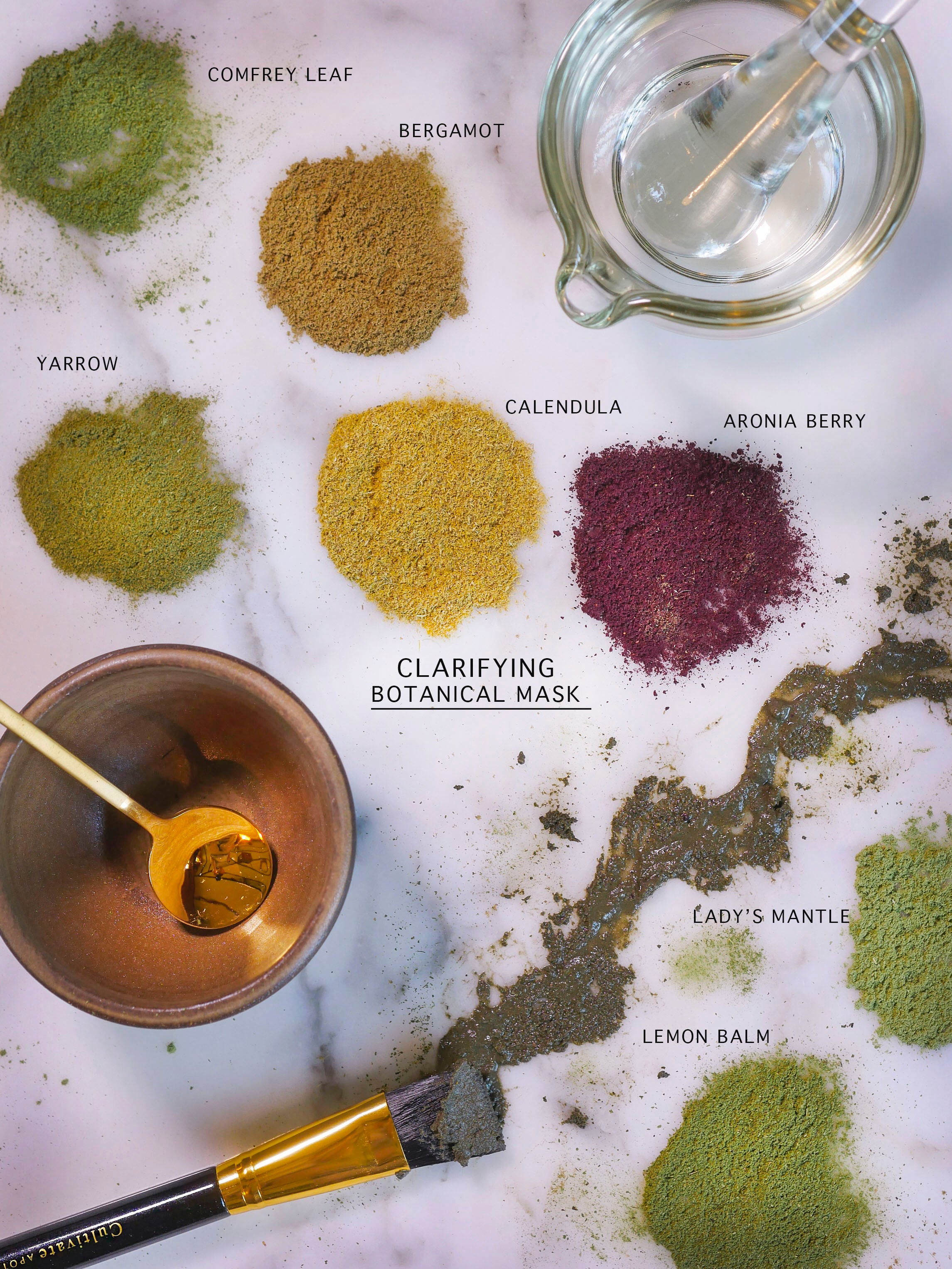 Flatlay of botanical clarifying clay face mask ingredients.