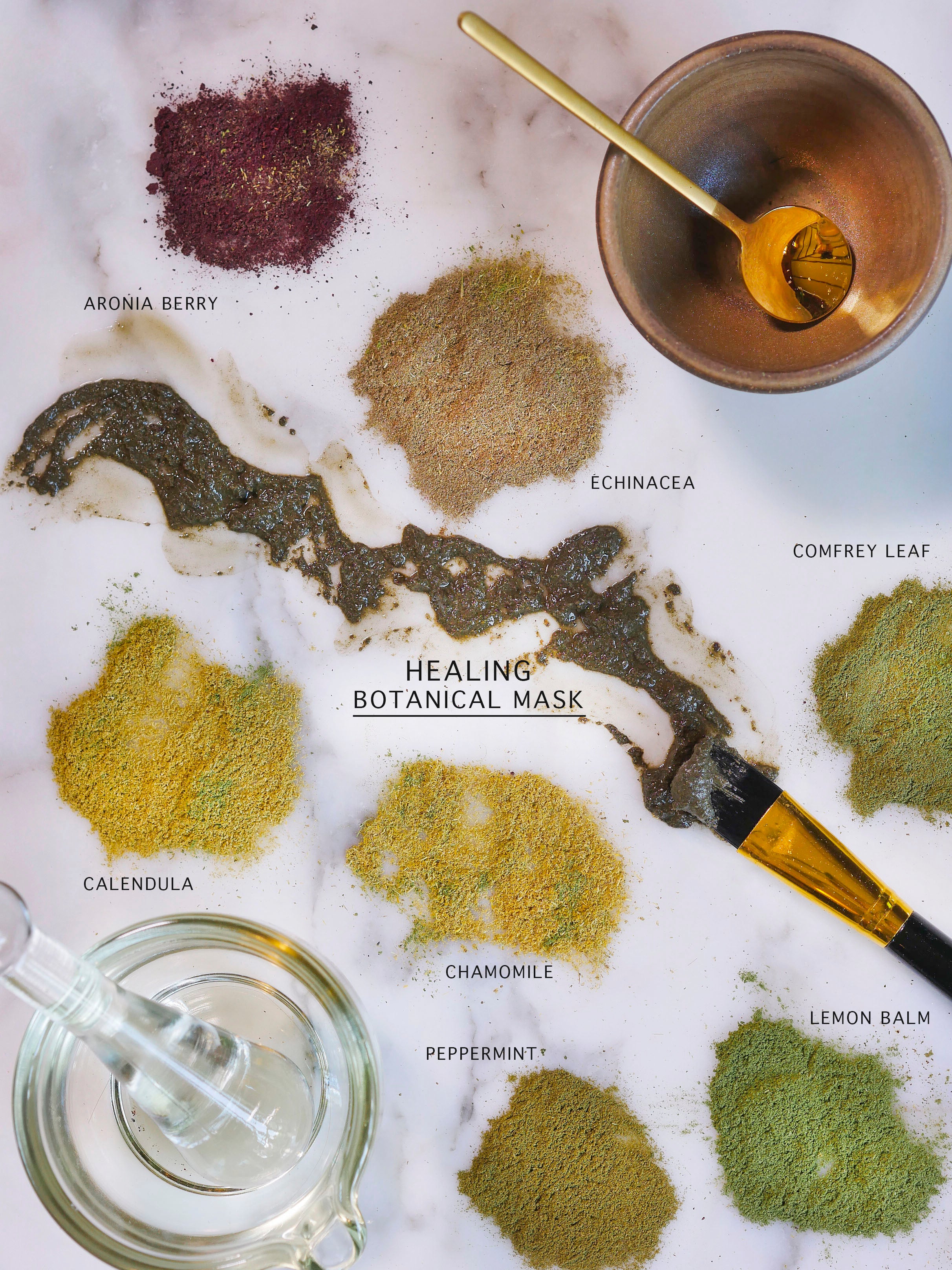 Healing botanical mask ingredients.