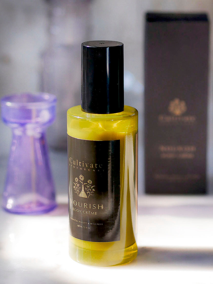 Bottle of body cream on table