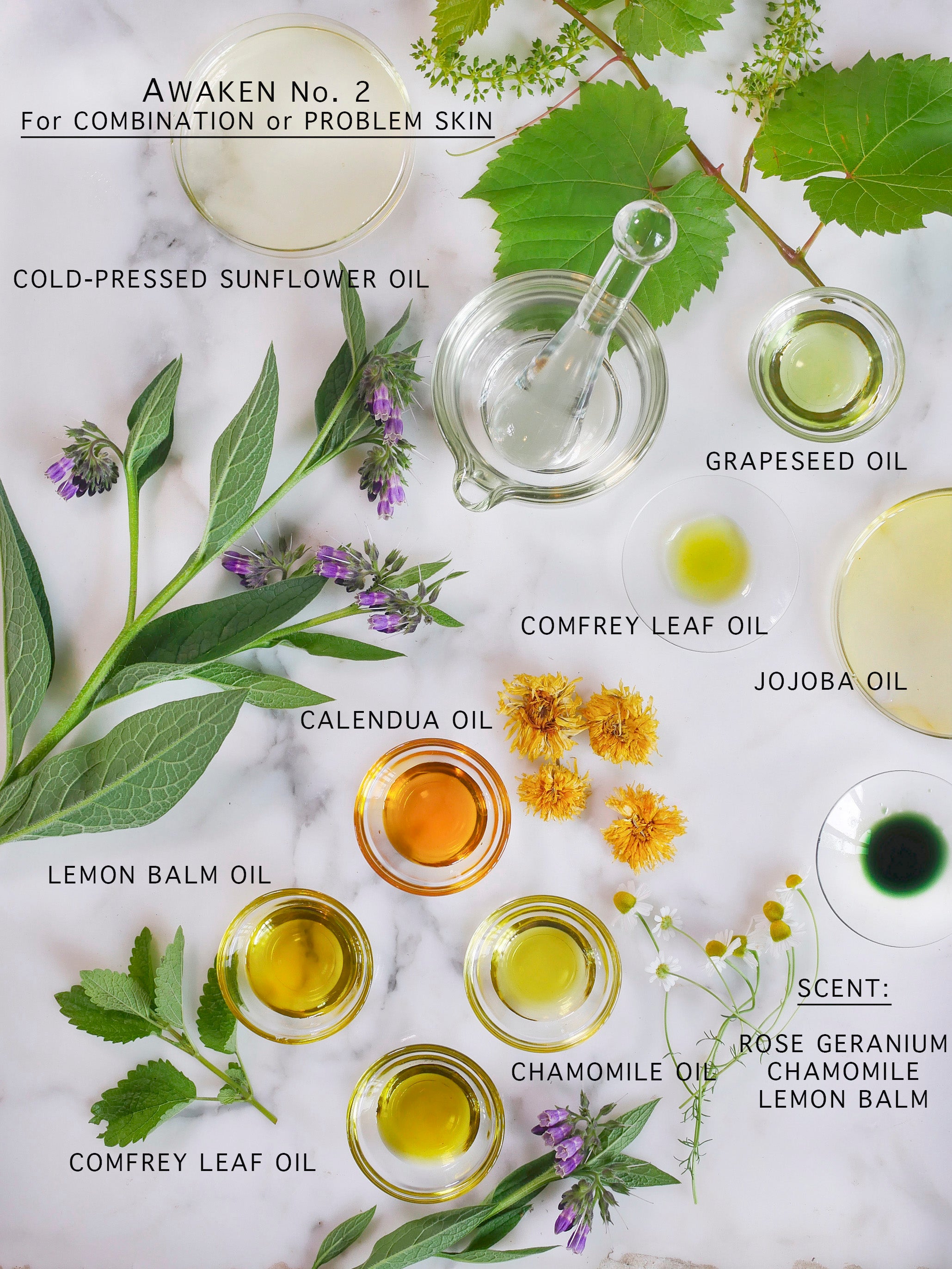 Botanical ingredients that make up the serums for combination skin.