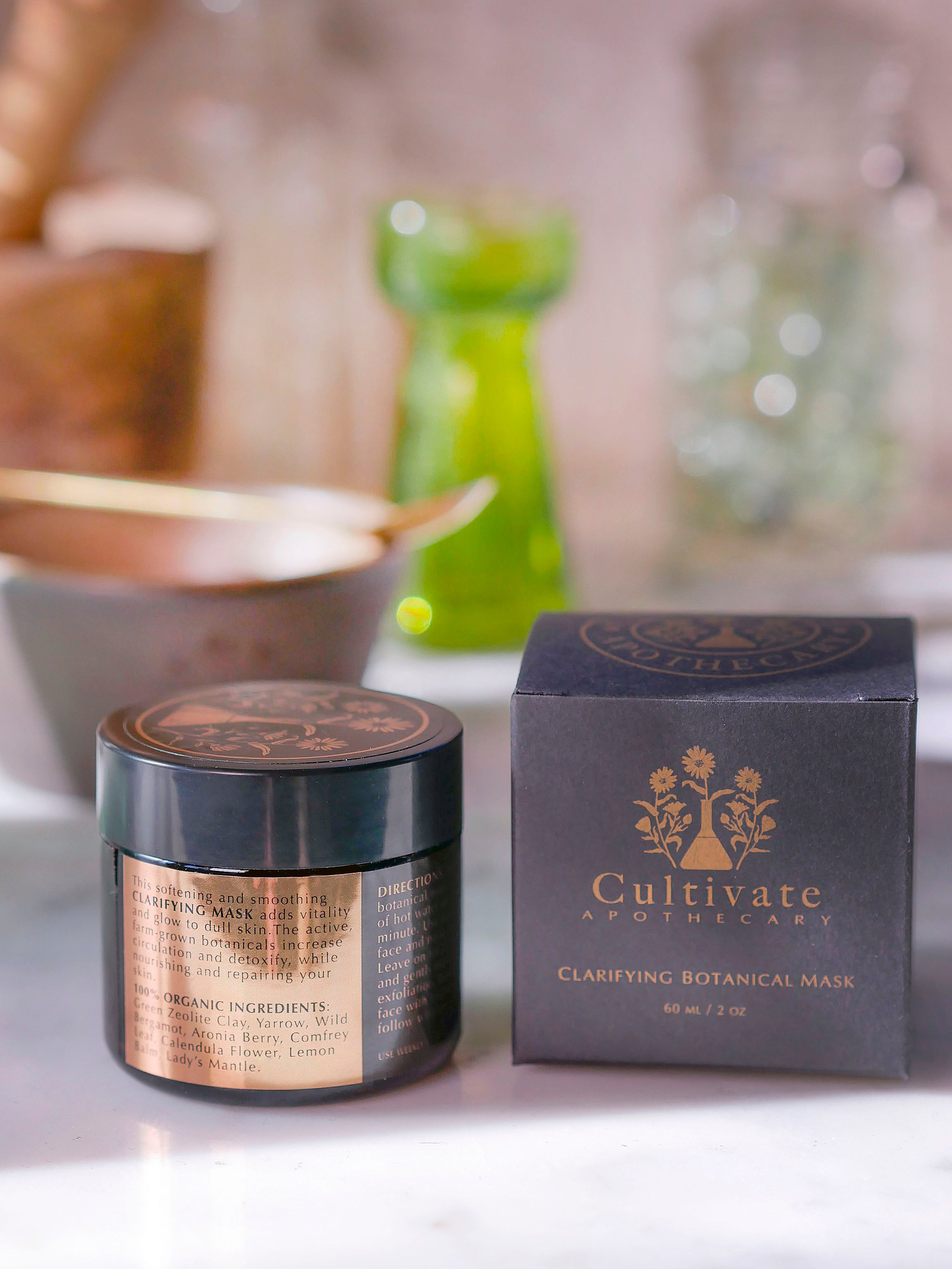 Clarifying green clay face mask product and packaging.